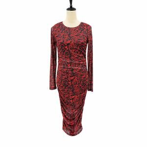 Wild Pony NWT Red & Black Print Thin Mesh Sheer Long Sleeve Bodycon Midi Dress